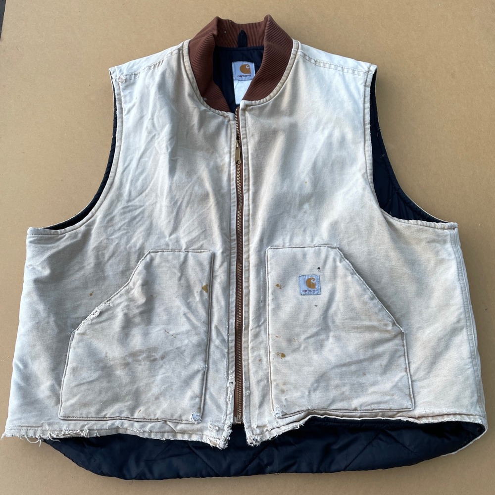 Carhartt Arctic Vest Mens XL Beige Workwear Distressed Canvas Quilt Lined V01
